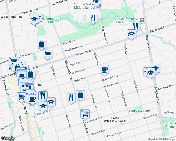 map of restaurants, bars, coffee shops, grocery stores, and more near 163 Holmes Avenue in Toronto