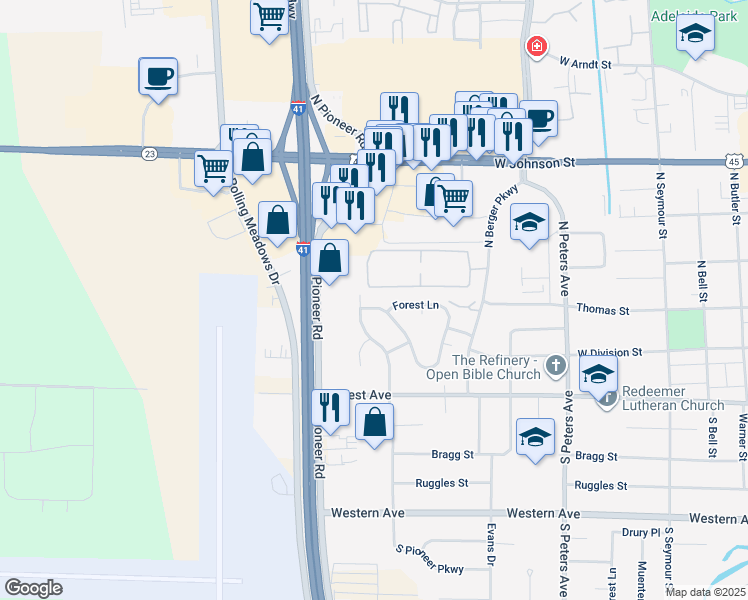 map of restaurants, bars, coffee shops, grocery stores, and more near 927 Forest Circle in Fond du Lac