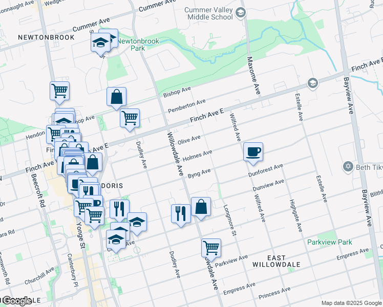 map of restaurants, bars, coffee shops, grocery stores, and more near 136 Holmes Avenue in Toronto