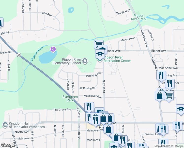 map of restaurants, bars, coffee shops, grocery stores, and more near 2220 Pershing Avenue in Sheboygan