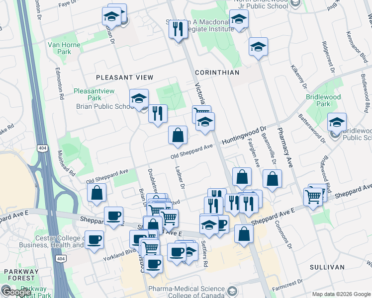 map of restaurants, bars, coffee shops, grocery stores, and more near 168 Old Sheppard Avenue in Toronto