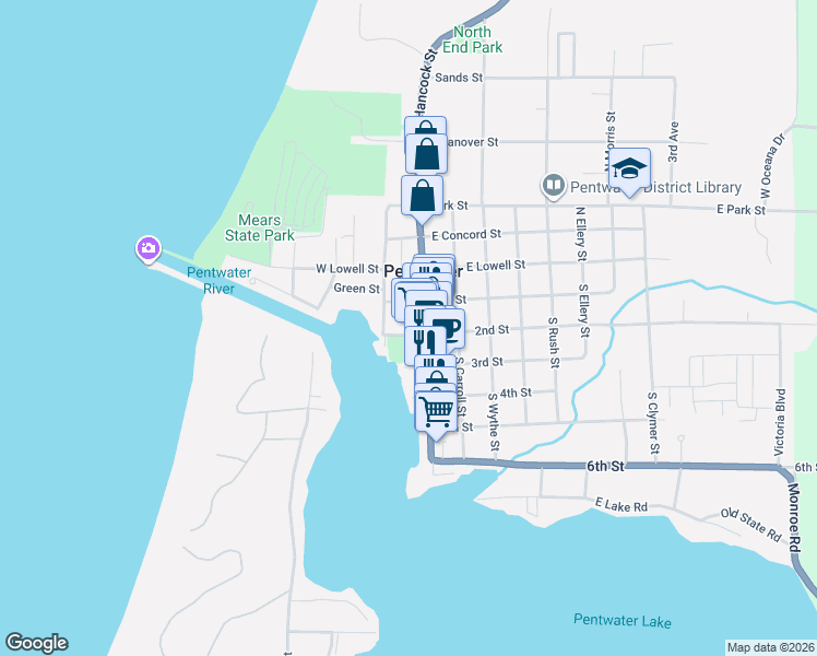 map of restaurants, bars, coffee shops, grocery stores, and more near 134 South Hancock Street in Pentwater