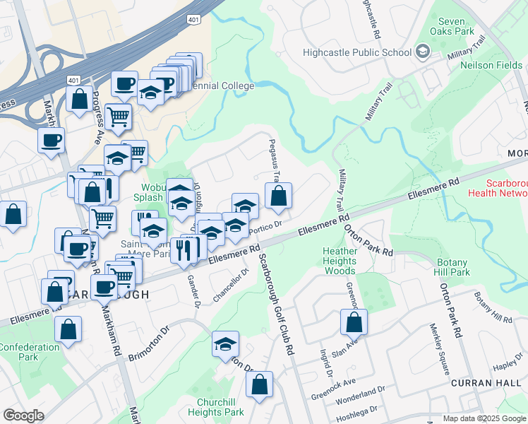 map of restaurants, bars, coffee shops, grocery stores, and more near 41 Pegasus Trail in Toronto