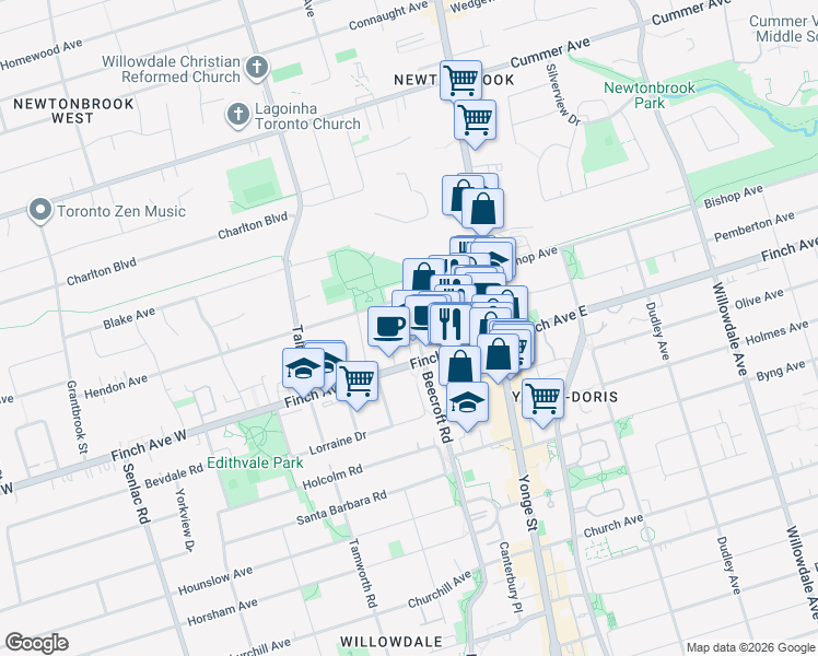map of restaurants, bars, coffee shops, grocery stores, and more near 22 Greenview Avenue in Toronto
