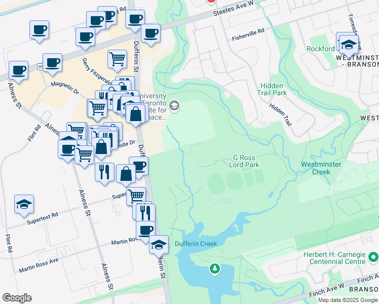 map of restaurants, bars, coffee shops, grocery stores, and more near 4801 Dufferin Street in Toronto