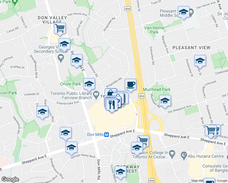 map of restaurants, bars, coffee shops, grocery stores, and more near 21 Allenbury Gardens in Toronto