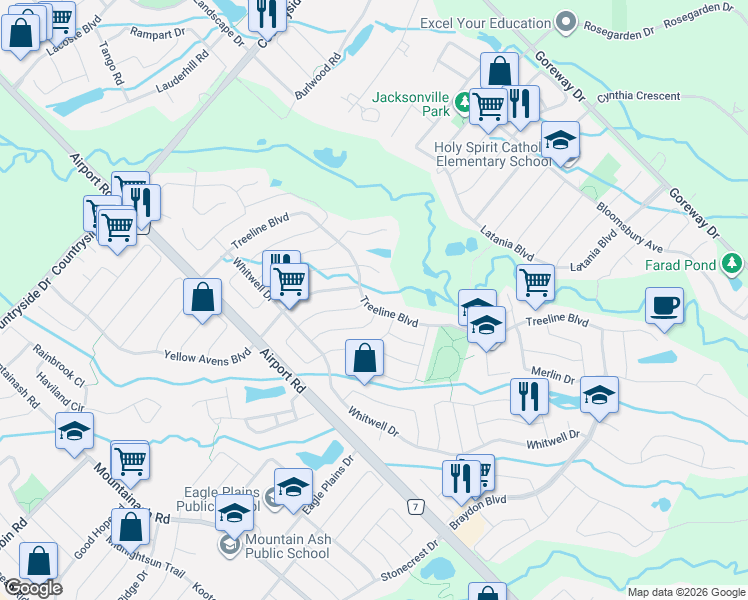 map of restaurants, bars, coffee shops, grocery stores, and more near 98 Treeline Boulevard in Brampton
