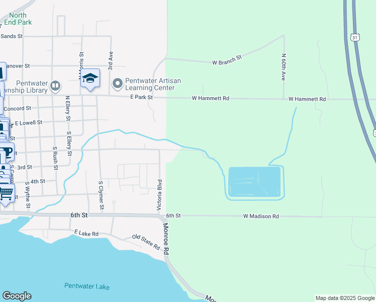 map of restaurants, bars, coffee shops, grocery stores, and more near 5527 2nd Street in Pentwater