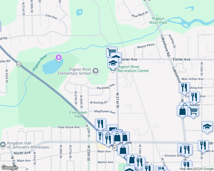 map of restaurants, bars, coffee shops, grocery stores, and more near 2220 Pershing Avenue in Sheboygan