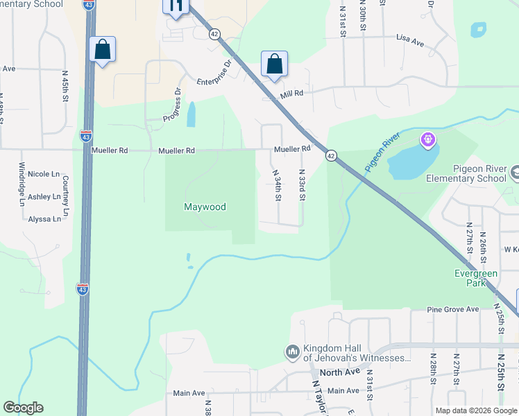 map of restaurants, bars, coffee shops, grocery stores, and more near 3421 Pinewood Drive in Sheboygan