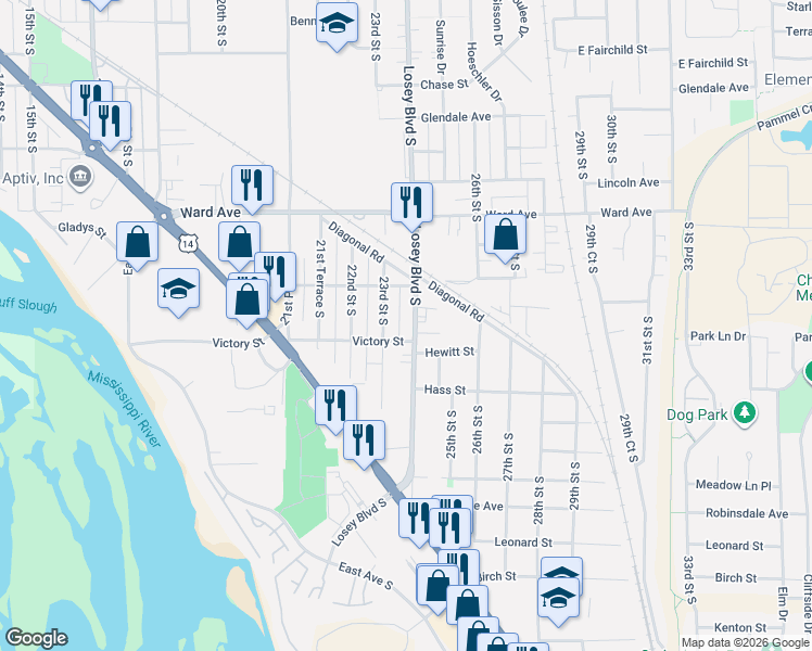 map of restaurants, bars, coffee shops, grocery stores, and more near 2924 Losey Boulevard South in La Crosse