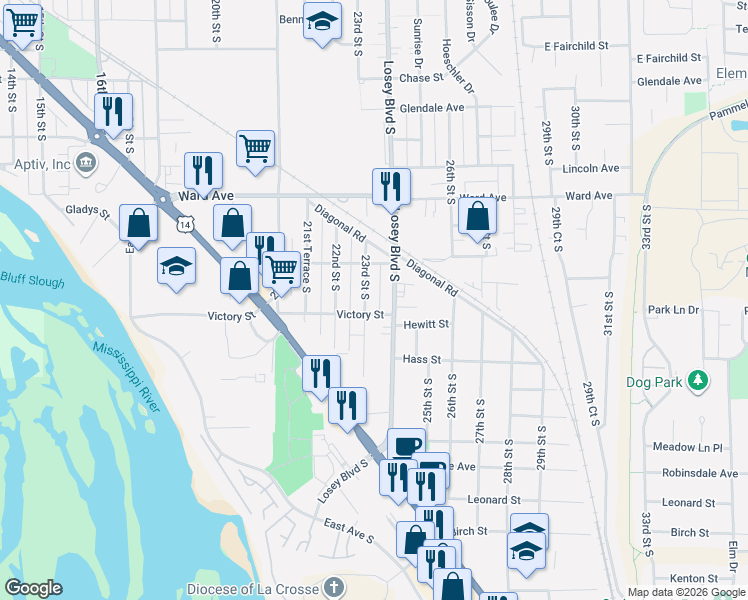 map of restaurants, bars, coffee shops, grocery stores, and more near 2924 Losey Boulevard South in La Crosse