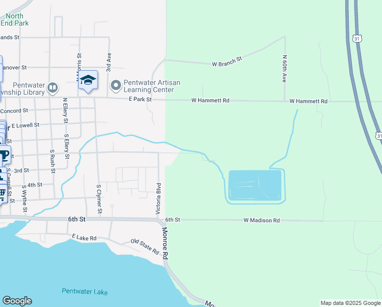 map of restaurants, bars, coffee shops, grocery stores, and more near 5527 2nd Street in Pentwater