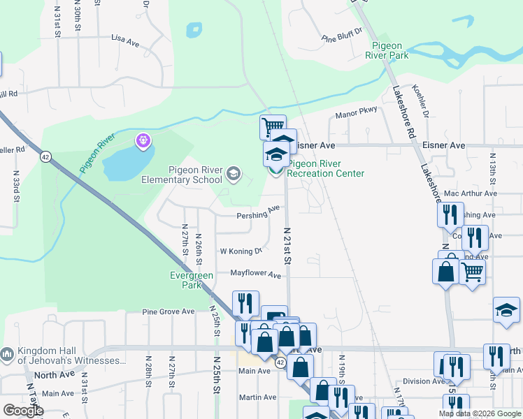 map of restaurants, bars, coffee shops, grocery stores, and more near 2220 Pershing Avenue in Sheboygan