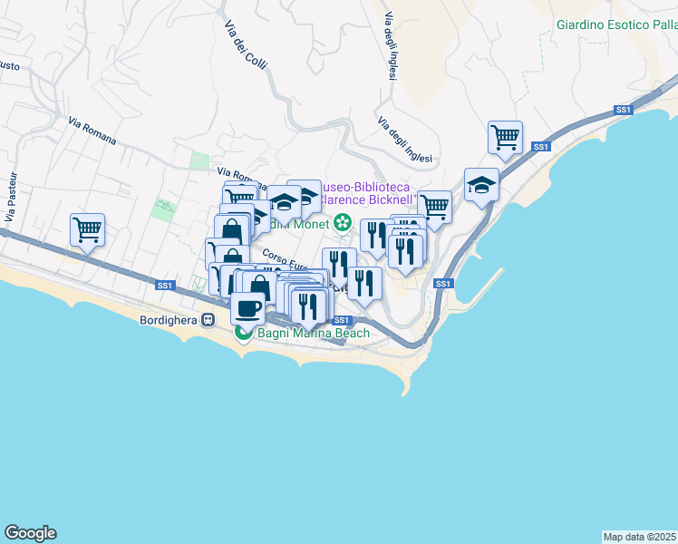 map of restaurants, bars, coffee shops, grocery stores, and more near Via Camillo Benso di Cavour in Bordighera