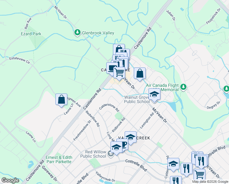 map of restaurants, bars, coffee shops, grocery stores, and more near 28 Castlegate Boulevard in Brampton