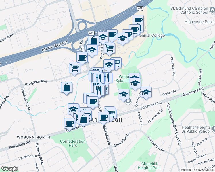map of restaurants, bars, coffee shops, grocery stores, and more near 30 Tuxedo Court in Toronto
