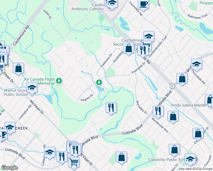 map of restaurants, bars, coffee shops, grocery stores, and more near 14 Oakhaven Road in Brampton