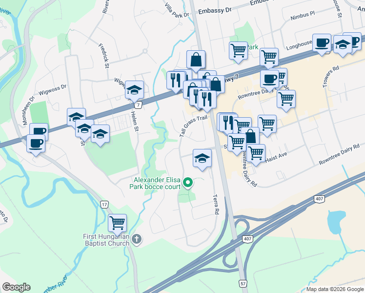 map of restaurants, bars, coffee shops, grocery stores, and more near 115 Tall Grass Trail in Vaughan
