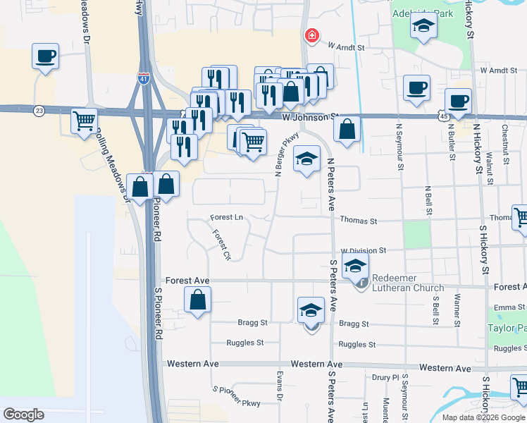 map of restaurants, bars, coffee shops, grocery stores, and more near 80 North Berger Parkway in Fond du Lac