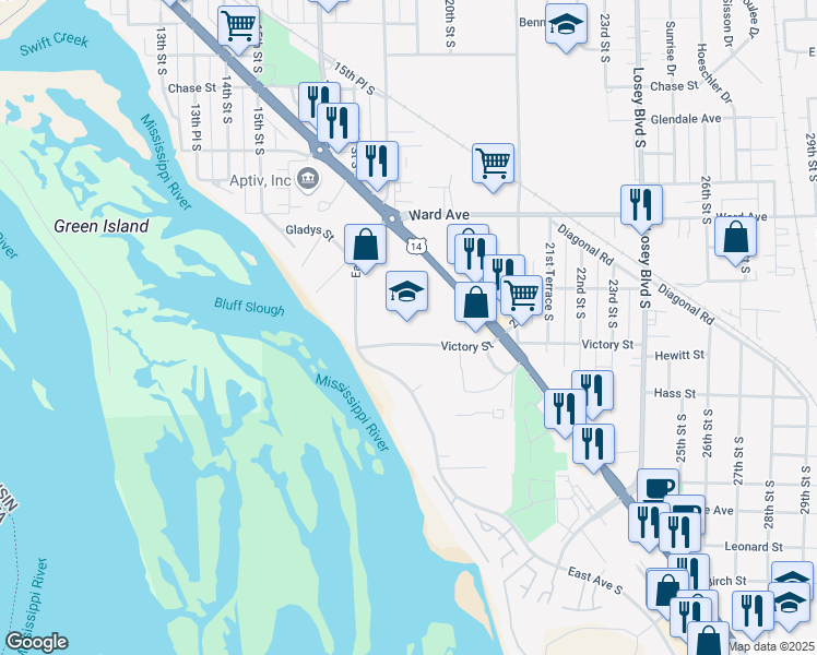 map of restaurants, bars, coffee shops, grocery stores, and more near 1825 Victory Street in La Crosse