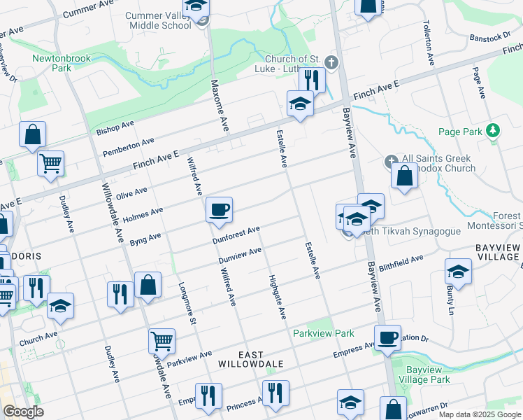 map of restaurants, bars, coffee shops, grocery stores, and more near 273 Byng Avenue in Toronto