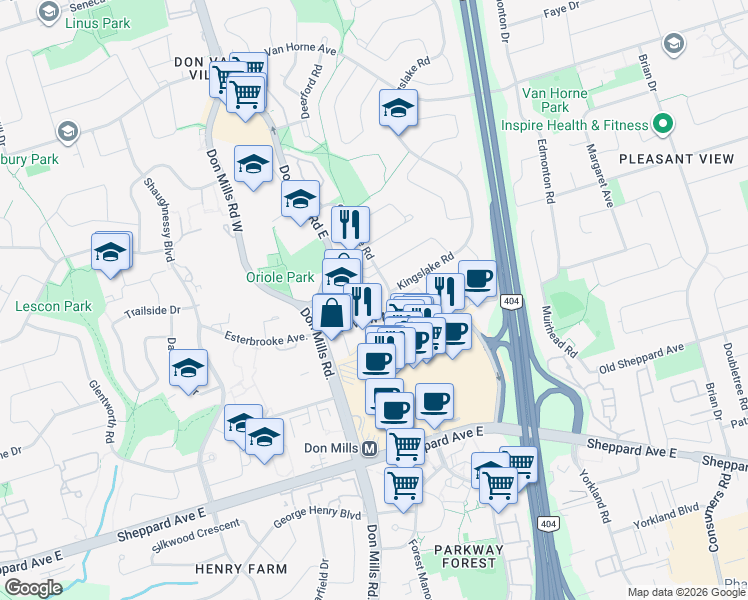 map of restaurants, bars, coffee shops, grocery stores, and more near 8 Godstone Road in Toronto
