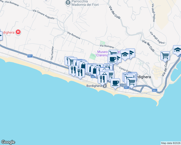 map of restaurants, bars, coffee shops, grocery stores, and more near 28 Via Cesare Balbo in Bordighera