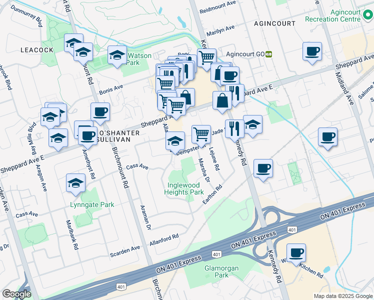 map of restaurants, bars, coffee shops, grocery stores, and more near 50 Dempster Street in Toronto
