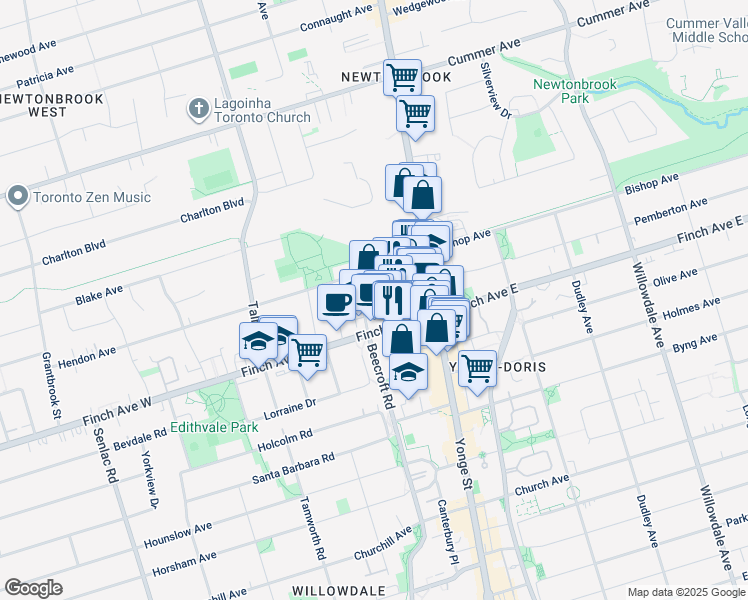 map of restaurants, bars, coffee shops, grocery stores, and more near 15 Greenview Avenue in Toronto