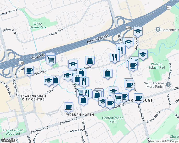map of restaurants, bars, coffee shops, grocery stores, and more near 831 Progress Avenue in Toronto
