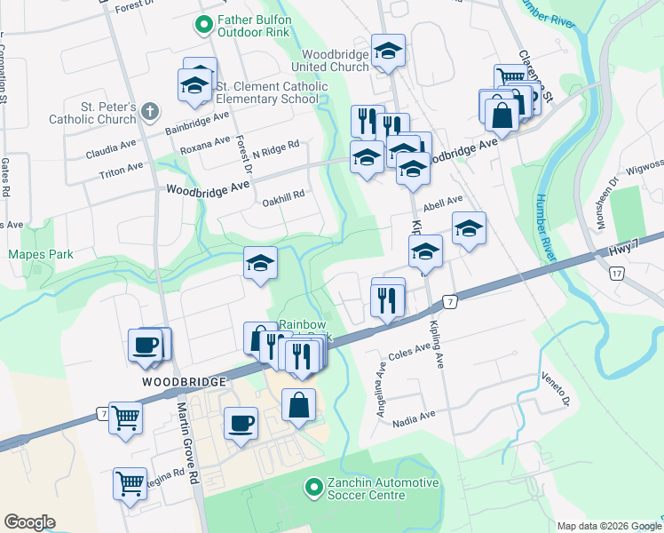 map of restaurants, bars, coffee shops, grocery stores, and more near in Vaughan