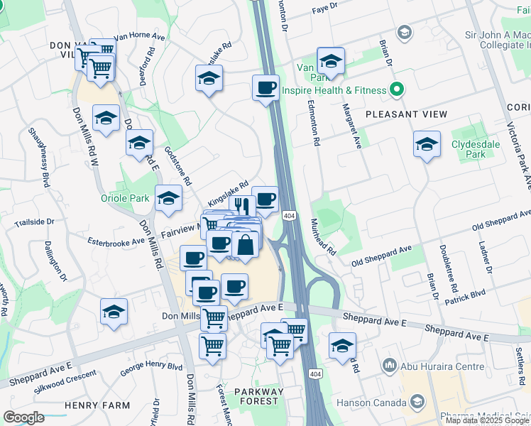 map of restaurants, bars, coffee shops, grocery stores, and more near 180 Fairview Mall Drive in Toronto