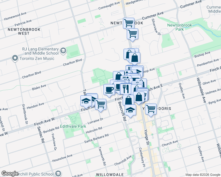 map of restaurants, bars, coffee shops, grocery stores, and more near in Toronto