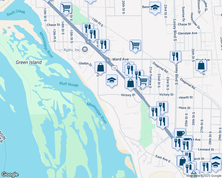 map of restaurants, bars, coffee shops, grocery stores, and more near 1825 Victory Street in La Crosse
