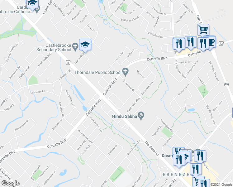 map of restaurants, bars, coffee shops, grocery stores, and more near 100 Turquoise Crescent in Brampton