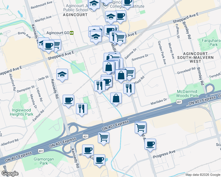 map of restaurants, bars, coffee shops, grocery stores, and more near 2370 Midland Avenue in Toronto