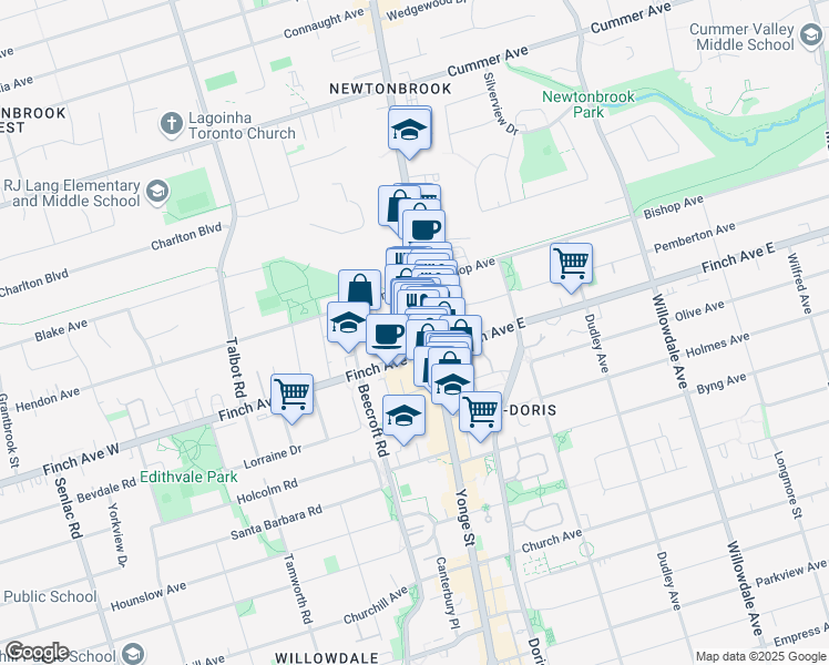 map of restaurants, bars, coffee shops, grocery stores, and more near in Toronto