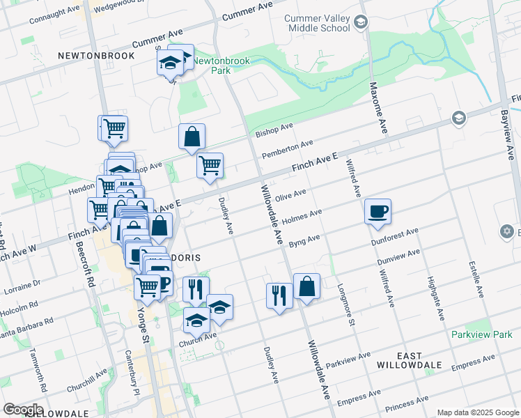 map of restaurants, bars, coffee shops, grocery stores, and more near 111 Olive Avenue in Toronto