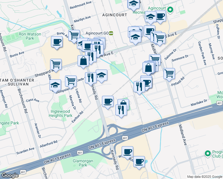 map of restaurants, bars, coffee shops, grocery stores, and more near 40 Cowdray Court in Toronto