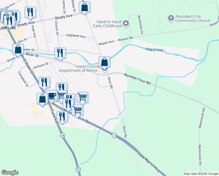 map of restaurants, bars, coffee shops, grocery stores, and more near 5418 Hemlock Drive in Lowville