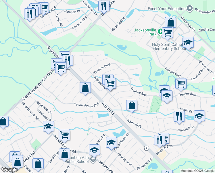 map of restaurants, bars, coffee shops, grocery stores, and more near 3 Bowsfield Drive in Brampton