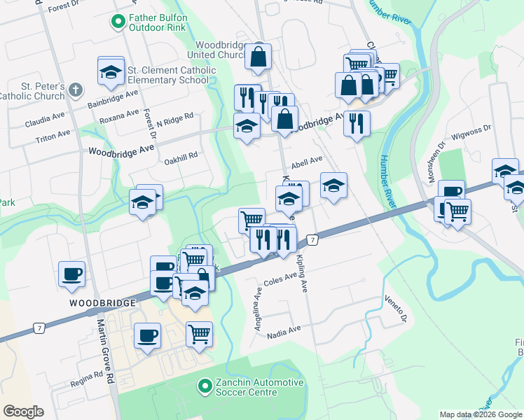map of restaurants, bars, coffee shops, grocery stores, and more near 44 Ellerby Square North in Vaughan