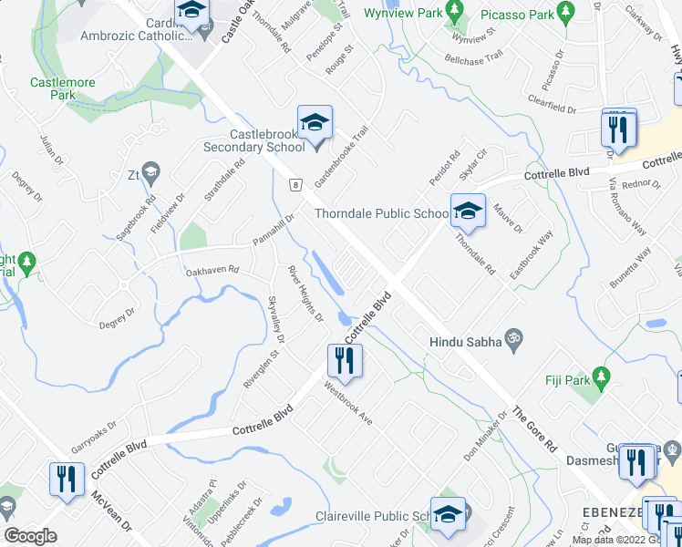 map of restaurants, bars, coffee shops, grocery stores, and more near 9452 The Gore Road in Brampton