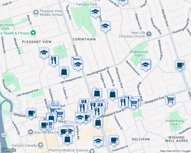 map of restaurants, bars, coffee shops, grocery stores, and more near in Toronto