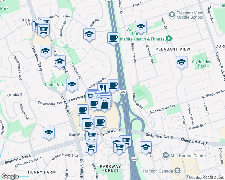 map of restaurants, bars, coffee shops, grocery stores, and more near in Toronto