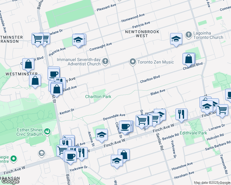 map of restaurants, bars, coffee shops, grocery stores, and more near 137 Charlton Boulevard in Toronto