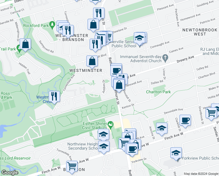 map of restaurants, bars, coffee shops, grocery stores, and more near in Toronto