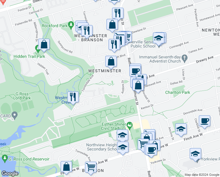 map of restaurants, bars, coffee shops, grocery stores, and more near in Toronto