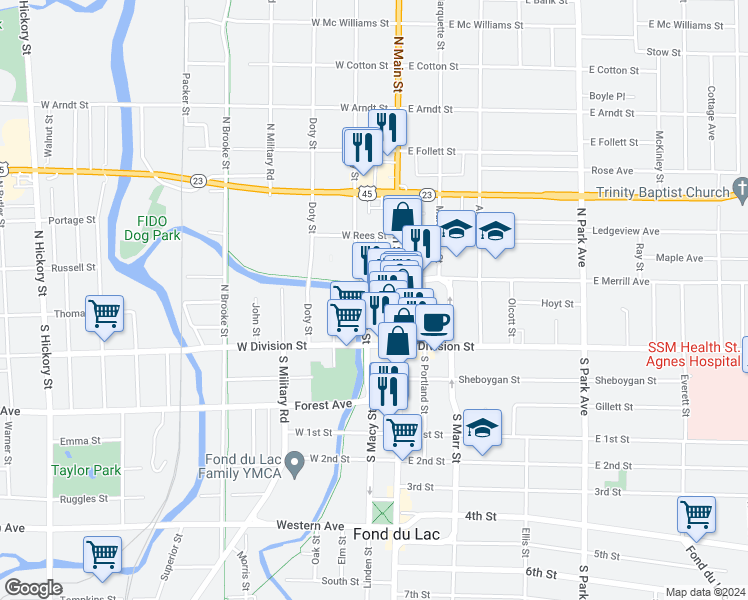 map of restaurants, bars, coffee shops, grocery stores, and more near 56 North Main Street in Fond du Lac